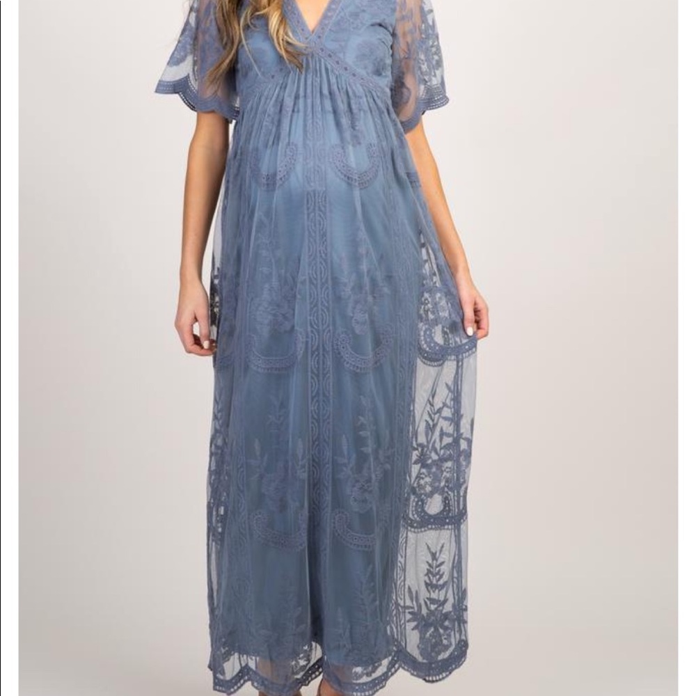 Blue Lace Mesh Overlay Maternity Maxi Dress